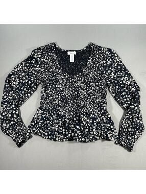 Y2K Japna Black & White Floral Smocked Long Sleeve Blouse Women's Medium